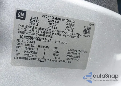 2012 Chevrolet Tahoe Lt z USA, uszkodzony, nr VIN 1GNSCBE09CR152127